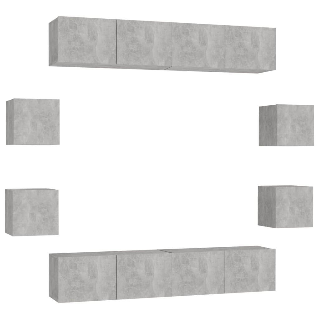 8-TLG. TV-Schrank-Set Betongrau Holzwerkstoff, Wandmontage, Modernes Media-Center für Wohnzimmer und Schlafzimmer, inklusive Stauraum für DVDs und Bücher