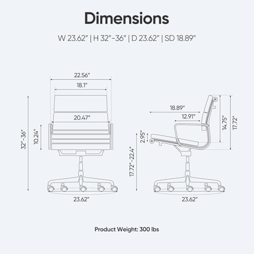 Image of Mid-Back Executive Genuine Leather Office Chair, with Aluminum Arms and 5-Star Base, Modern Rolling Desk Chair with Silent Wheels, Lumbar Support, High-Adjustable, Tilting for Home & Office