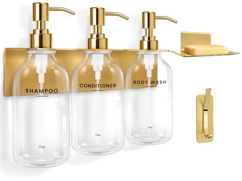 KLL Shampoo and Conditioner Dispenser Set - Wall Mounted Shower Soap Dispenser - 17oz No-Drill Refillable Plastic Pump Bottles for Bathroom - Includes Soap Dish & Hook (Transparent)