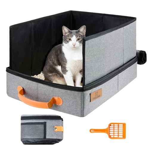 MORAIS Portable Travel Litter Box for Cats, 17.7'×13.5'×11' Collapsible Cat Litter Box with Lid, Leak-Proof Cat Litter Pan for Car Hotel Airplane, Waterproof & Easy to Carry- Gray