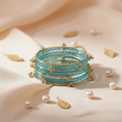 Image of NEW SURYA ENTRPRISES Kashmiri Ghangharoo Glass Bangle Set for Women|Light Weight Bangles|Traditional Transparent Fancy Glass Chudi Set Of 16(12 Glass + 4 ghungroo bangles)