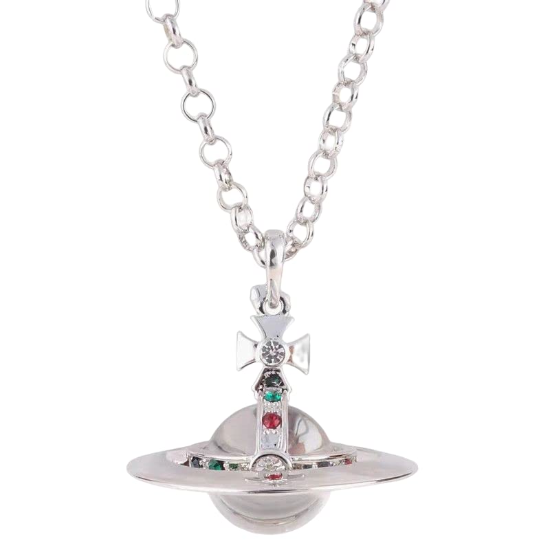 ZHAOZHAO Saturn Necklace for Women - Sky Star Saturn Planet Pendant with Clear Quartz(Silver)