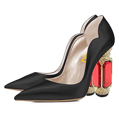 FSJ Women Pointed Toe Crystal High Heel Pumps Comfort Slip On Chunky Block Heel Bridal Wedding Evening Party Prom Shoes Size 4-15 US