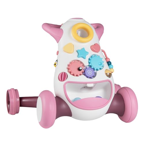 GOPLUS Andador Multifuncional para Bebés 1 a 3 Años, Andador Infantil con Sonidos y Luces, Juguetes Desmontables, Ajuste de Velocidad y Almacenamiento Integrado (Monstruo sin dientes,Rosa)