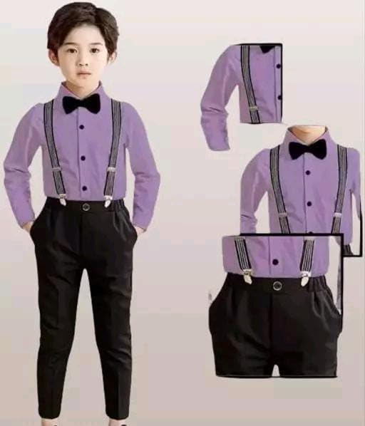 Boys Cotton Blend Solid Full Sleeves Shirt and Pant Set with Suspender and Bow Tie | Clothing Set for Boys (Lavendar, 4-5) 2