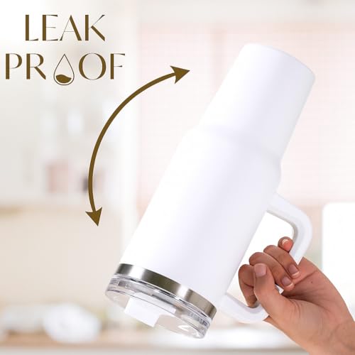 Image of IMATI Insulated Steel Tumbler 1200ml with Flip Straw Side Handle & Leakproof Lid - Stainless Steel Travel Mug Coffee Cup & Water Bottle for Office Gym Car Adults (White 2 Lids 2 Straws Brush)