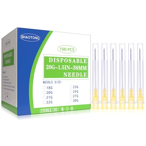 Image of 20 Gauge 1.5 Inch Needles Luer Lock Disposable Lab Supplies, Pack of 100 | SHAOTONG 20G 1.5 inch 38mm Needle with Cap for Liquids Measuring or Refilling, Sterile, Individually Wrapped