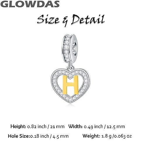 Image of GLOWDAS 18K Gold Plated Letter Charms Initial A to Z Necklace Pendant, 925 Sterling Silver CZ Heart Dangle Alphabet Beads fit European DIY Bracelet, Gifts for Valentiens /Christmas /Family