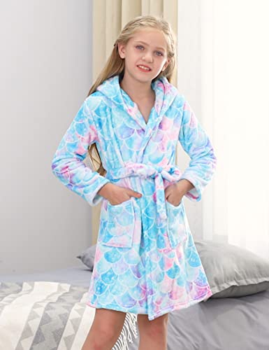 Aideaone Big Girls' Robe Soft Mermaid Hooded Bathrobes Plush Pajamas Flannel Sleepwear Gift For Kids 10-12 Years #TOP1