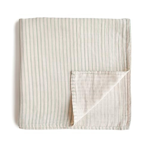 Image of mushie Muslin Baby Swaddle Blanket | 100% Organic Cotton (Sage Stripe)