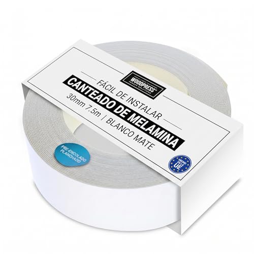 WoodPress® Cinta de melamina blanca mate de 30 mm, cinta de chapa prepegada, rollo de 7,5 m, planchar para una fácil aplicación de bricolaje, cubrirá el borde de un panel de MDF estándar