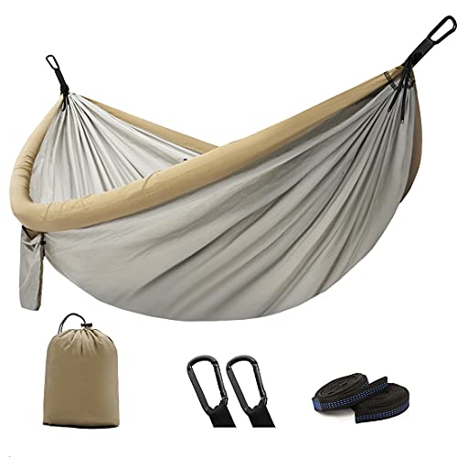 FIDENACK Camping Hammock Single Travel Hammocks Portable Ultralight Nylon Parachute Anti-Rollover, Inflatable Hammock with 2 Tree Straps for Sleeping Beach Backyard Hiking (Brown)