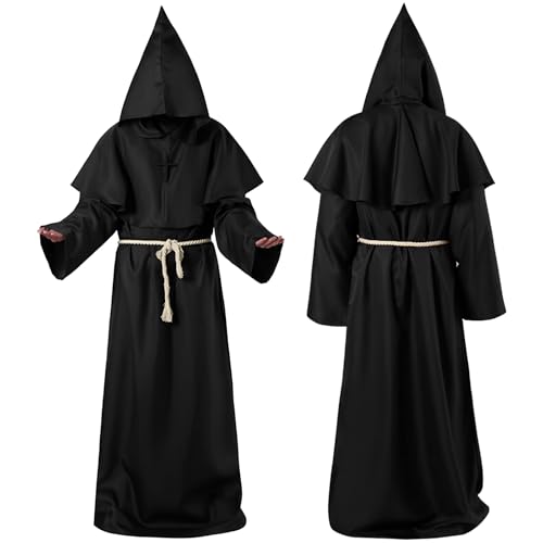 NXPZ Costume da Monaco Medievale per Uomo, Veste per Costume di Halloween con Cappuccio, Cintura di Corda e Collana Croce, per Feste di Halloween, Eventi Medievali e Rinascimentali