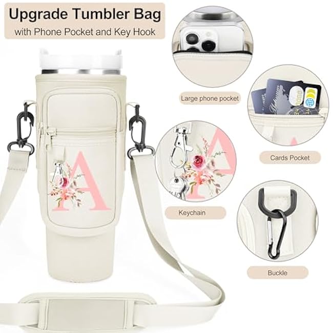 Initial Water Bottle Holder with Strap for Stanley 40 oz Tumbler/Simple Modern 40 oz Tumbler,Water Bottle Carrier Bag with Strap,Personalized A-Z Phone Pocket for Stanley Cup Accessories