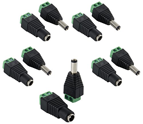 Poppstar - Adaptador de Corriente Continua (CC) 5,5x2,5mm (5 x Macho / 5 x Hembra) a Bloque Terminal de 2 Clavijas para Tiras de LED