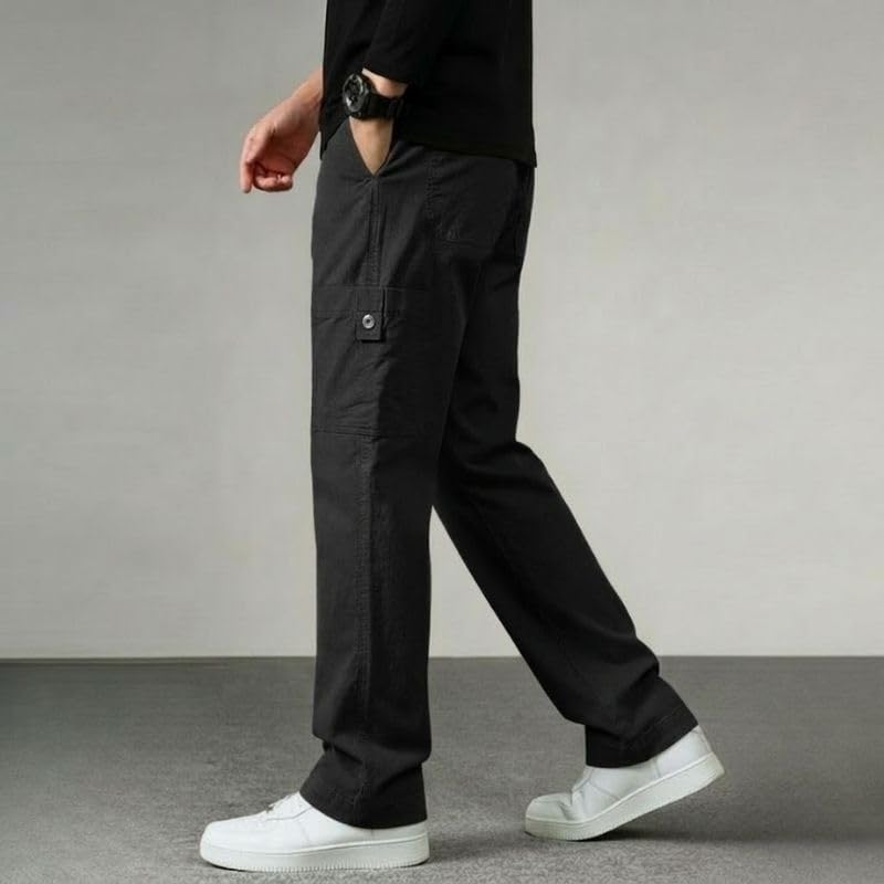 Image of Cargo for Men | Cotton Cargo Pant | Lower for man | Elastic Drawstring Waist Straight Fit Bottoms | Comfortable Breathable Summer Cargos for Casual, Office Wear