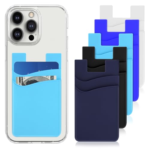 Andibro Lot de 5 porte-cartes en silicone pour téléphone portable, porte-cartes de crédit, double poche, avec autocollant autocollant pour l'arrière du téléphone