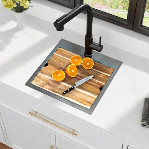 Image of Kichae Black Drop In Bar Sink- 18x18 Small Overmount Topmount Stainless Steel RV Sink Single Bowl Ledge Workstation Bar Prep Handmade Basin
