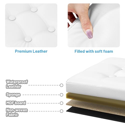 Image of Bsketa Storage Ottoman Bench,17 Inch Folding Leather Foot Rest Stool, White | Small Ottoman with Side Pockets, Thicker Foam Padded Seat, Livingroom, Dorm, Bedroom, Easy to install, 43L,17x13x13in