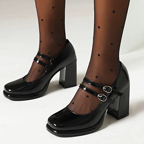 Women Chunky Heel Platform Mary Jane Shoes Vintage 2 Straps Square Toe Block High Heels Pumps Patent Leather Dress Party Work Pumps Shoes(Black,US Size 6.5)2