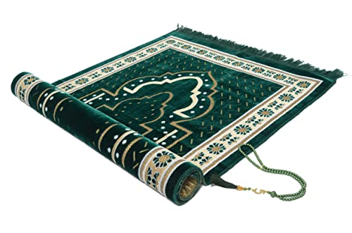 Tb Islamic Prayer Rug Thick Soft Velvet Muslim Mat Unique Arabic Turkish African Embroidered Design Prayer Bead Daily Salah Prayer Meditation Ramadan Eid Gift For Women Men Kids (Green) #TOP5