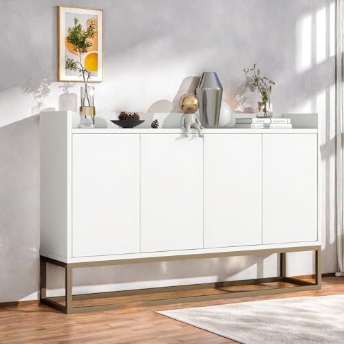 Aparador moderno de 120 x 30 x 80 cm, mueble bajo con 4 puertas, sin asa, mueble de almacenamiento con patas de metal dorado, estilo minimalista moderno, para comedor, salón o cocina (blanco)