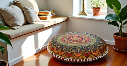 Round Mandala Floor Pillow Cover Seating Cushion Throw Case Hippie Decorative Bohemian Ottoman Pouf Cover, Pom Pom Pillow Cases,Boho Indian 22 Inches (New Blue) - Cosy Home Interiors Round Mandala Floor Pillow Cover Seating Cushion Throw Case Hippie Decorative Bohemian Ottoman Pouf Cover, Pom Pom Pillow Cases,Boho Indian 22 Inches (New Blue) - Image 4