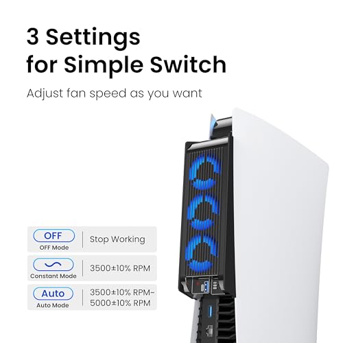 4. Bild von Kühlzubehör für ALTE PS5-Version, KIWIHOME PS5-Lüfter mit LED, automatischer Geschwindigkeitsregelung und USB3.0-Hubs, für PS5 Disc und Digital Edition, nicht für PS5 Slim/PS5 Pro (Schwarz)