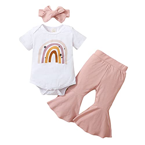 Image of Hiusmilekid Newborn Infant Baby Girl Clothes Set Rainbow Romper Bodysuit Flare Pant Bell-Bottom Summer Outfit 3Pcs
