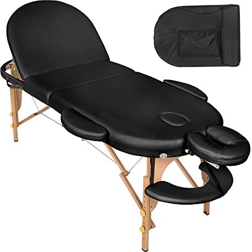 TecTake 801039 Massageliege klappbar und höhenverstellbar, Massagetisch mit 3 Zonen, tragbare Massagebank mit Tasche, Holzfüße, oval (Schwarz | Nr. 404371)