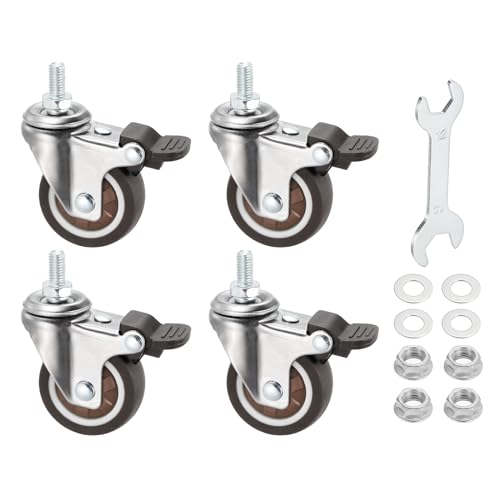 Image of PATIKIL 2 Inch Stem Casters Wheel with Brake, 4 Pack Low Profile TPR Threaded Swivel Wheel 360° Quiet Rotation M8 x 15 mm Total Load 231 Lbs for Rolling Cart Furniture, Brown