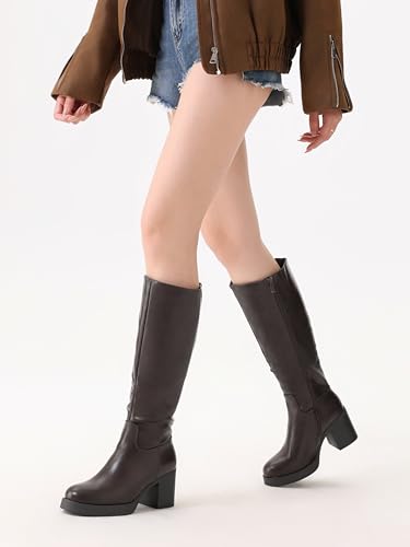 Image of Shoe'N Tale Platform Knee High Boots for Women Block Chunky Heel Round Toe Side Zipper Tall Boots