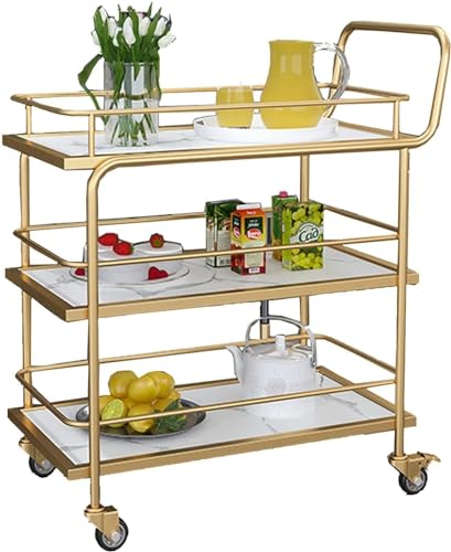 Carrito de servicio de 3 niveles, carrito de bebidas dorado con ruedas bloqueables, carrito de bar móvil para almacenamiento de cocina y sala de estar, diseño elegante para entretenimiento, fácil