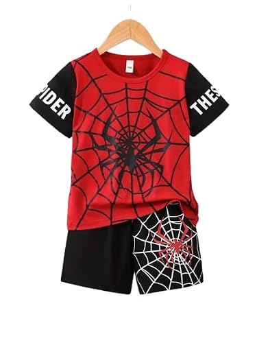KEESOR Boys Cotton Blend Material Printed Casual T-shirt And Shorts Set (Red, 15-16 Years)