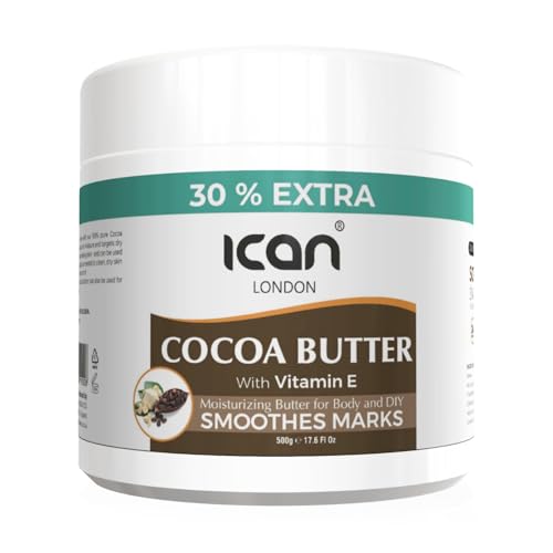 ican London Burro di cacao con vitamina E idratante 24 ore, leviga i segni e uso fai da te, 500 g