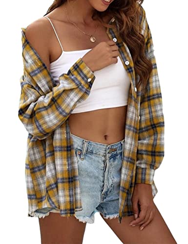 Mingzhu Womens Casual Flannel Plaid Shirts Button Down Long Sleeve Shirts Oversized Buffalo Blouse Tops