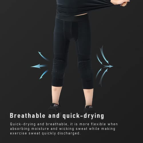 Kids Boys Basketball Compression Pants with Knee Pads, 1 or 2 Pack 3/4 Athletic Tights Sports Workout Leggings4