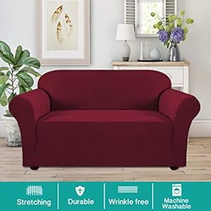 Turquoize stretch sofa slipcover loveseat cover couch covers for 2 cushion couch 1 piece sofa slipcover for living room with jacquard fabric and elastic bottom furniture protectorloveseat burgundy  urban country home decor