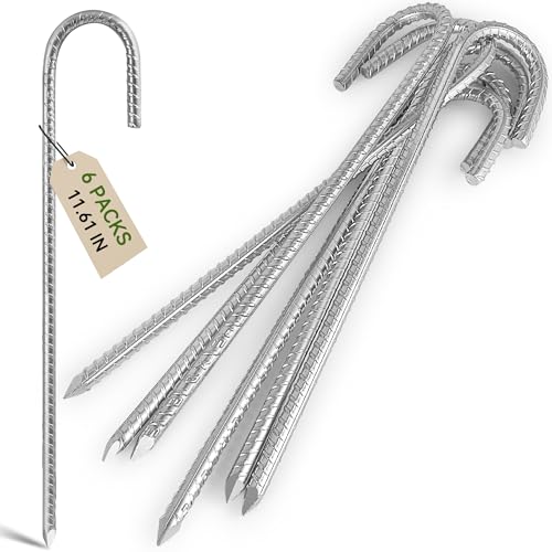 Graxury 12inch Heavy Duty Trampoline Tents Anchor Ground Pegs - Galvanized Steel Rust-Proof J Hook Rebar Stakes Fit Trampolines Camp Garden Shed Swings with Chisel Point End (6 PCS)
