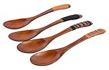 Samyo Vintage Japanese Style Handmade Natural Wooden Soup Rice Spoon Wood Tableware Flatware Set with Tied Line on Handle