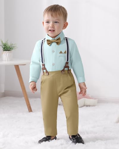 Image of YALLET Toddler Baby Boy Clothes Suit Gentleman Wedding Outfits Formal Dress Shirt+Bowtie+Suspender Pants