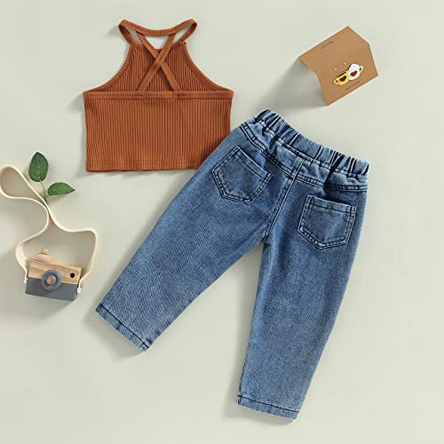 2Pcs Baby Girl Denim Pants Outfits Straps Cold Shoulder Backless Tank Tops Rib Knit Vest + Ripped Jeans Set (Brown Blue, 4-5 Years) #TOP6
