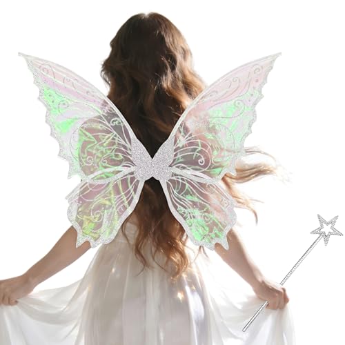 Yezmo Fairy Wings Fairy Wings Adults Women Butterfly Wings Fairy Costume Set with Star Magic Wand for Dress up Halloween (WHITE)