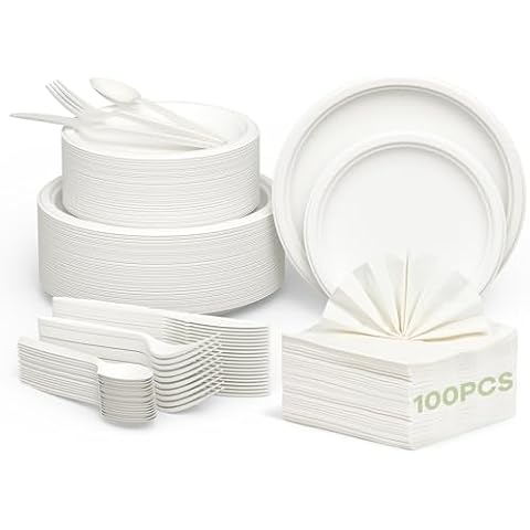 FEHHTO White Compostable Paper Plates Set 350PCS Biodegradable Disposable Plates, Cutlery, and Napkins for Party, Heavy-Duty Dinnerware Set with Extra Long Forks & Knives & Spoons for 50 People Cover
