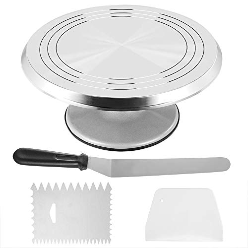 Revolving Cake Stand Decorating Set - 12”Food Grade Aluminum Cake Stand | 4-in-1 Cake Decoration Supplies Icing Spatula Comb Smoother | 2-Way Rotation Anti-Slid Turnable Non-Slip Bottom Lightweight