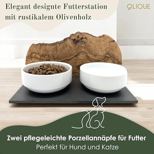 Futterstation personalisiert, Olivenholz - Futterbar mit Gravur und 2 Fressnäpfen für Katzen und Hunde