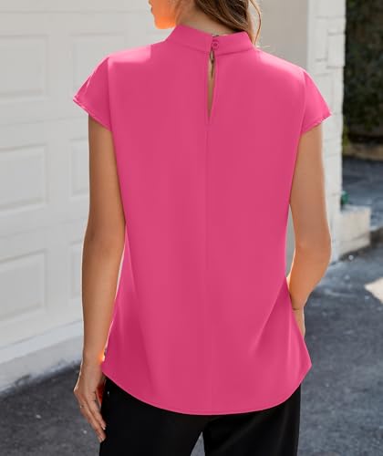 Image of Funlingo Womens Summer Tops Mock Neck Short Cap Sleeve Blouses Business Casual Work Chiffon Shirts Front Pleated Tunic Top