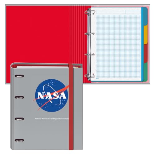 Dohe - Ordner mit 4 Ringen mit Nachfüllung, 100 Blatt, A4, Gummiverschluss, 4 farbige Trennblätter, Dokumententasche, Papier 90 g/m², Kompressor, Schulmaterial - NASA Grey - Grau