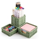 Green Paper Rope Woven Desk Organizer, Set of 3 Boho Desk Accessories