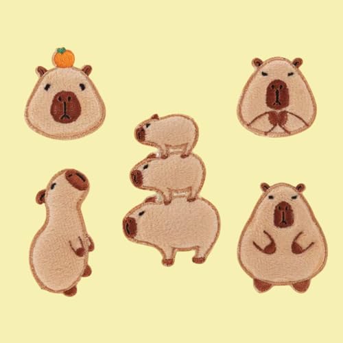Embroidered Appliqué Capybara Kit 5 Pcs Iron On Appliques for DIY Crafts Floral Appliques for Clothes Cartoon Capybara Patches Perfect Craft Gifts for Kids Children Clothes Backpack Hat